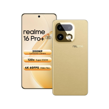realme 16 Pro+ 5G Smartphone 12+256GB Gold, 144Hz AMOLED Display, 7000mAh Battery, 80W SuperVOOC, 200MP Periscope Primary Camera 50MP Front Camera, Snapdragon 7 Gen 4, IP69