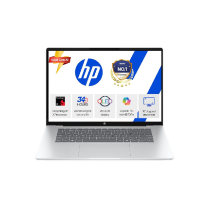 HP Omnibook 5 OLED (Previously Pavilion), Snapdragon X Processor (16GB LPDDR5x,1TB SSD) 2K OLED,16''/40.6cm, Win11, M365*Office24, Glacier Silver, 1.59kg, fb0001QU, Backlit, Next-Gen AI Laptop